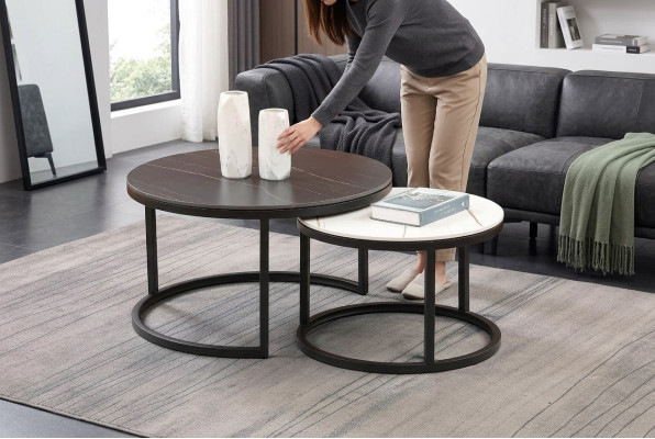 Salle de séjour Set rond 2x Table basse Table basse Table d'appoint Designer