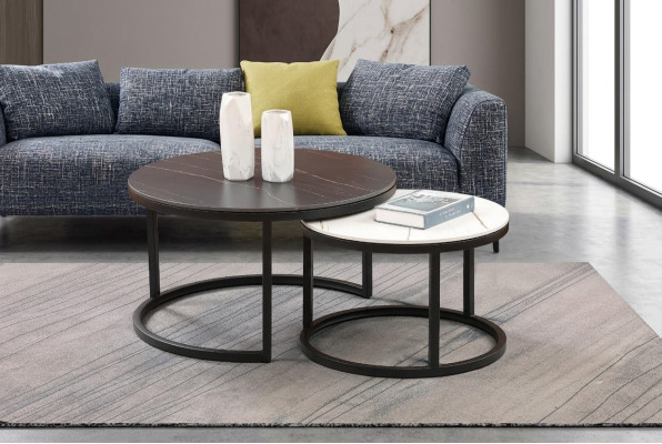 Salle de séjour Set rond 2x Table basse Table basse Table d'appoint Designer