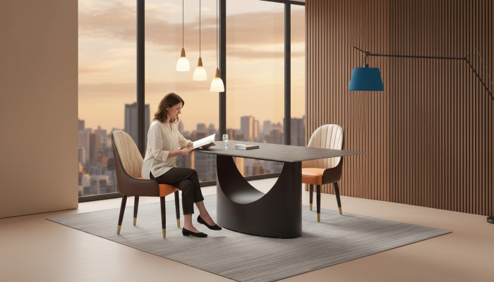 Table de salle à manger de luxe avec pieds en colonnes imitation marbre Mobilier de salle à manger