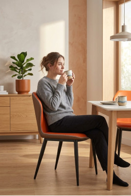 Ensemble de chaises de salle à manger modernes en cuir et en bois avec assise et rembourrage.