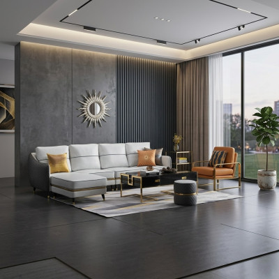 Paysage vivant Canapé d'angle en L Forme Chaise décorative Ensemble Suite Canapé moderne en cuir