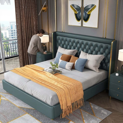 Chambre Lit Tables de chevet Ensemble de 3 pcs. Design Décoratif Lits de luxe en cuir