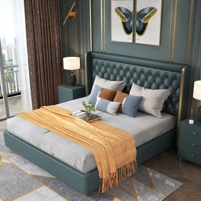 Chambre Lit Tables de chevet Ensemble de 3 pcs. Design Décoratif Lits de luxe en cuir