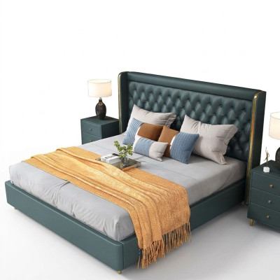 Chambre Lit Tables de chevet Ensemble de 3 pcs. Design Décoratif Lits de luxe en cuir