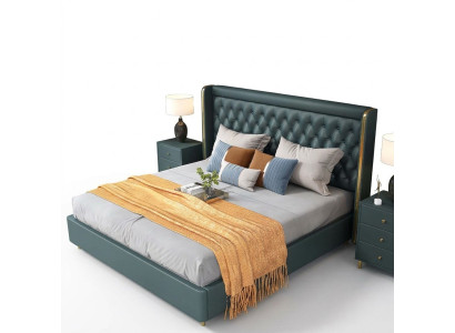 Chambre Lit Tables de chevet Ensemble de 3 pcs. Design Décoratif Lits de luxe en cuir