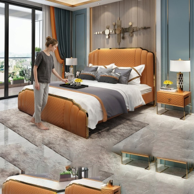 Lit en cuir design chambre à coucher 3 pièces. Ensemble 2x Table de chevet Lits Meubles de luxe