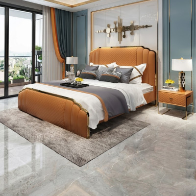 Lit en cuir design chambre à coucher 3 pièces. Ensemble 2x Table de chevet Lits Meubles de luxe