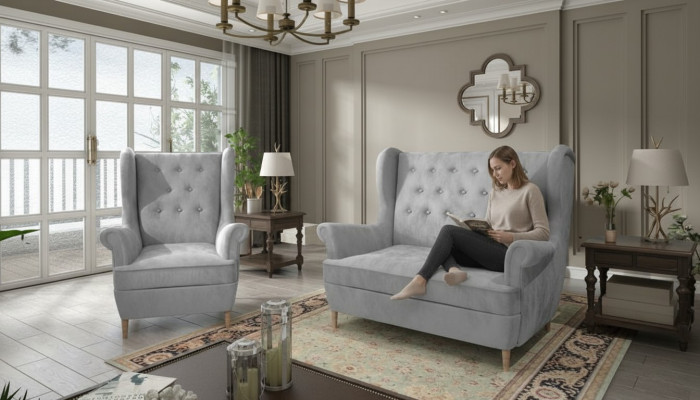 Canapé Chesterfield en tissu gris ensemble de 2+1 places en velours rembourré