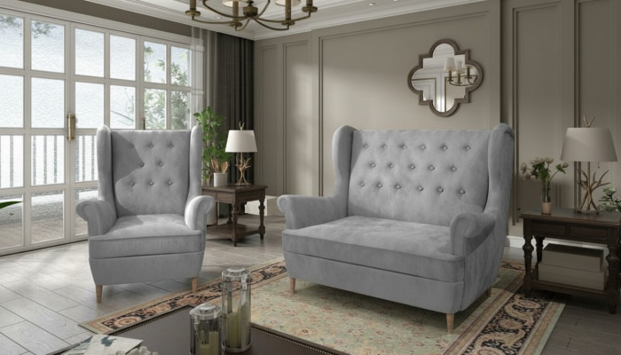 Canapé Chesterfield en tissu gris ensemble de 2+1 places en velours rembourré