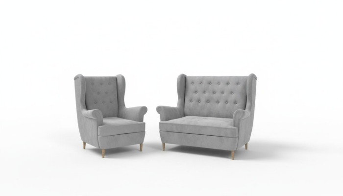 Canapé Chesterfield en tissu gris ensemble de 2+1 places en velours rembourré