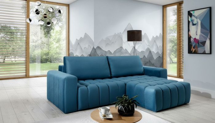 Canapé d'angle en tissu gris, canapé en L, design de canapé, revêtement textile modern en suite.