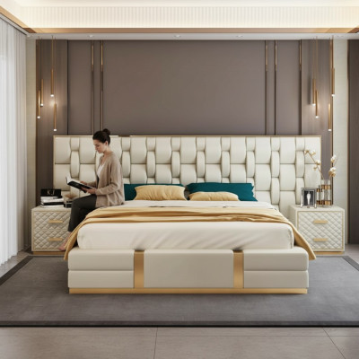 Acier inoxydable Lit de luxe en cuir métallique Lits hôtel Chesterfield 180x200