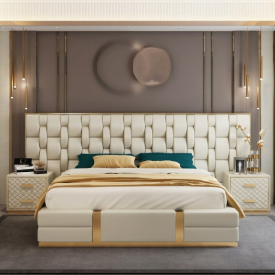 Acier inoxydable Lit de luxe en cuir métallique Lits hôtel Chesterfield 180x200