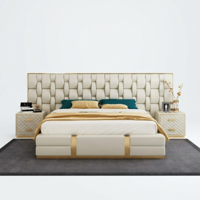 Acier inoxydable Lit de luxe en cuir métallique Lits hôtel Chesterfield 180x200