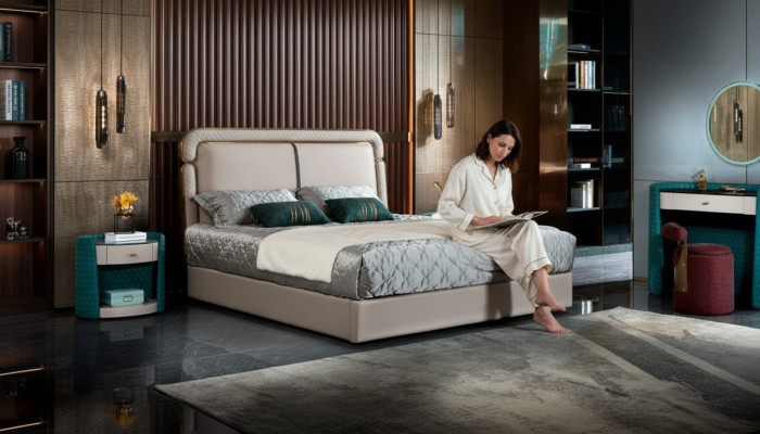 Lit 2x Table de chevet Beige Chambre à coucher Design moderne Mobilier Bois de luxe