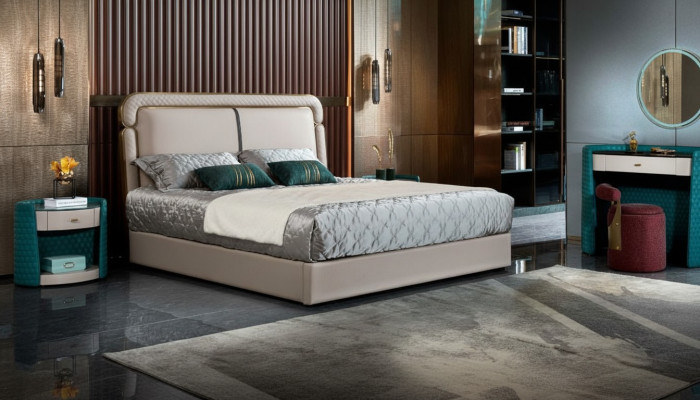 Lit 2x Table de chevet Beige Chambre à coucher Design moderne Mobilier Bois de luxe