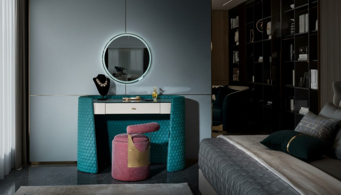Coiffeuse en bois turquoise cuir chambre consoles tables design maquillage de luxe.