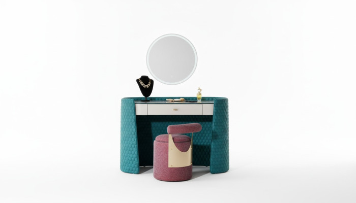 Coiffeuse en bois turquoise cuir chambre consoles tables design maquillage de luxe.