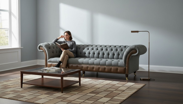 Chesterfield 4 places Canapé en tissu gris Salon Design Rembourrage Grand canapé en tissu Meubles