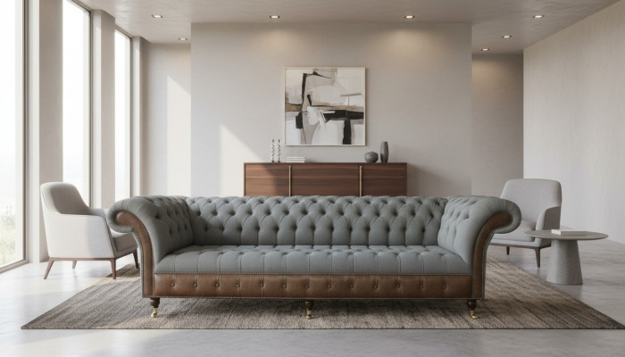 Chesterfield 4 places Canapé en tissu gris Salon Design Rembourrage Grand canapé en tissu Meubles