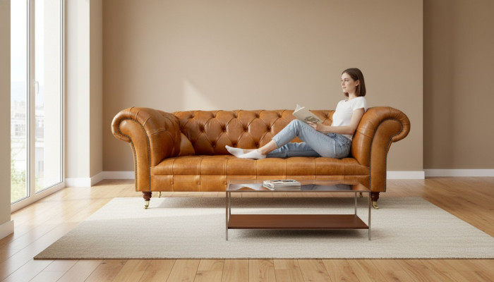 Canapé Chesterfield 3 places noix brun design moderne en cuir meubles créatifs