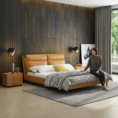 Lit en cuir design Luxueux Lits rembourrés Chambre double 180x200 Orange Mobilier
