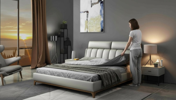 Lit de design moderne 180x200 en cuir et bois Lit double Chambre de repos