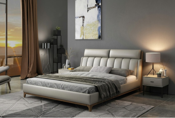 Lit de design moderne 180x200 en cuir et bois Lit double Chambre de repos