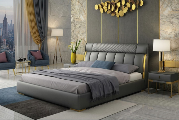Chambre moderne en cuir gris avec inserts en acier inoxydable doré