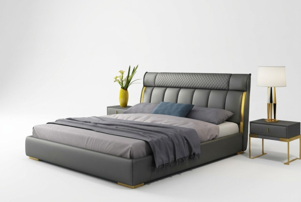Chambre moderne en cuir gris avec inserts en acier inoxydable doré