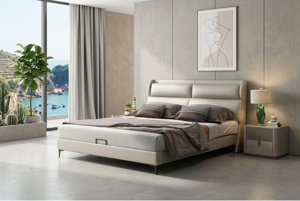 Lit double de luxe de haute qualité avec un design d'ameublement en cuir textile pour hôtel de mariage.