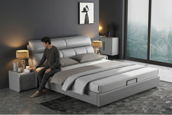 Lit de designer en gris Chambre Lits Textile Cuir Hôtel Tapisserie