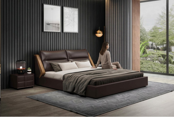 Conception de lit rembourré de luxe pour l'hôtellerie avec lits doubles matrimoniaux en cuir pour chambre de nuit de 180x200 cm.
