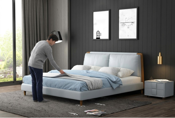 Lit double moderne 180x200 en design cuir blanc sur pieds en bois