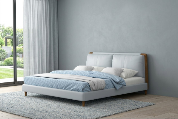 Lit double moderne 180x200 en design cuir blanc sur pieds en bois