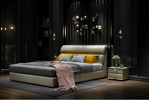 Lit de luxe Chambre à coucher Cuir Rembourrage Lits doubles Design en bois 180x200cm neuf