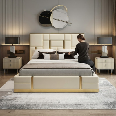 Lit de luxe moderne Chambre à coucher en cuir italien Deux lits en métal.