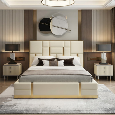 Lit de luxe moderne Chambre à coucher en cuir italien Deux lits en métal.