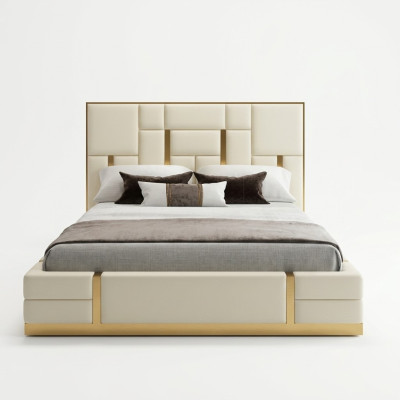 Lit de luxe moderne Chambre à coucher en cuir italien Deux lits en métal.