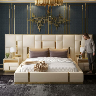 Conception de literie de luxe en bois pour lit double d'hôtel.
