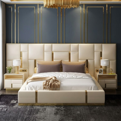 Conception de literie de luxe en bois pour lit double d'hôtel.