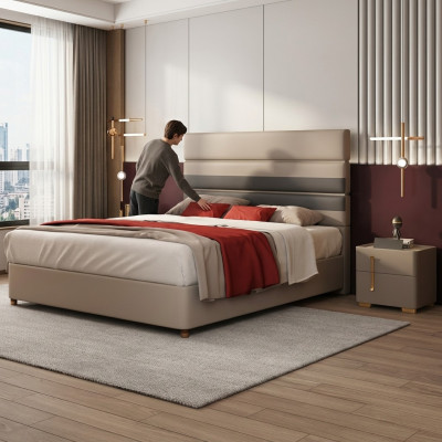 Revêtement en cuir Lit Lits Hôtel Luxe Designer Double Mariage Chambre Beige