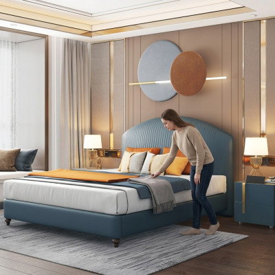 Conception de rembourrage de lit de luxe Lits doubles en métal Mariage Chambre de sommeil Bleu