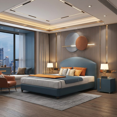 Conception de rembourrage de lit de luxe Lits doubles en métal Mariage Chambre de sommeil Bleu
