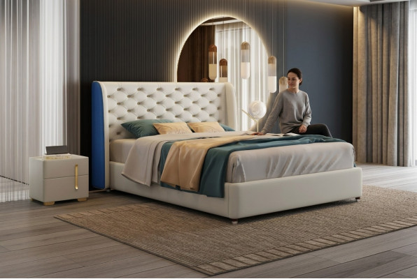 Conception de la literie de lit de luxe double en cuir pour chambre de sommeil d'hôtel moderne.