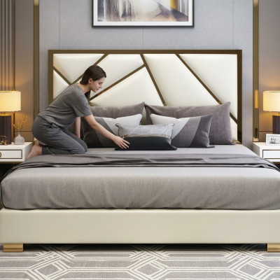 La conception de la literie de lit de luxe de design de rembourrage solide des doubles lits d'hôtel dort décoration de chambre en cuir nouveau
