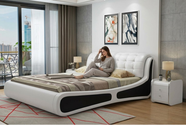 Conception de revêtement de lit de luxe Lit double blanc 180x200cm Chambre de sommeil en cuir