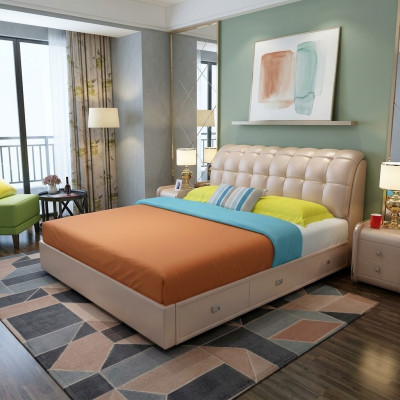 Conception de tapisserie de lit Luxe Décoration Double hôtel Lits Mariage Chambre de sommeil en cuir