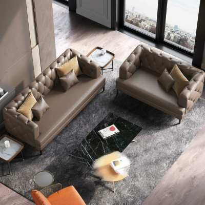 Canapé Chesterfield marron ensemble 3+2 places 2 pièces. Ensemble de canapés rembourrés décoratifs de designer.