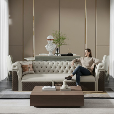 Canapé trois places de style moderne, canapé en cuir Chesterfield